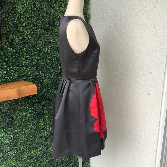 Cece by Cynthia Steffe Black Satin Red Rose Fit and Flare Cocktail Dress, Size 6 - Picture 2 of 15